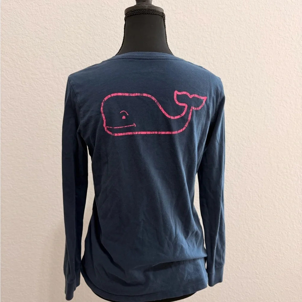 Vineyard Vines Youth Navy Long Sleeve Tee| Pink Logo Details | Preppy Coastal